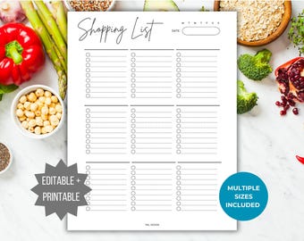 Lista de compras editable para preparación de comidas, imprimible, lista de compras de alimentos saludables, organizador de recetas, planificador de comidas semanal, lista de verificación imprimible