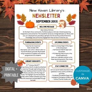 Fall Newsletter Flyer Printable Community Newsletter Flyer editable template library autumn flyer September newsletter Church handout