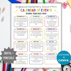 PTA Calendar of Events Flyer PTO Calendar of Events Template Pta school calendar printable pta monthly calendar pto sign pta planner binder