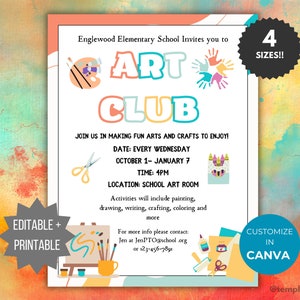 Peut inclure: Une affiche colorée pour un club d'art à l'école élémentaire d'Englewood. L'affiche présente une palette de peinture, des pinceaux, des ciseaux et un château fait de crayons. Le texte sur l'affiche indique "Art Club" et "Rejoignez-nous pour créer des arts et des artisanats amusants à apprécier !" L'affiche indique également les dates et les heures des réunions du club, ainsi que le lieu. L'affiche est personnalisable dans Canva et est disponible en quatre tailles.