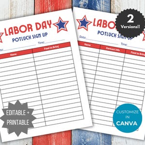 May include: Two Labor Day potluck sign-up sheets with red, white, and blue star accents. The forms feature headers for date, time, name, contact info, and food to bring. Text includes 'LABOR DAY', 'POTLUCK SIGN UP', '2 Versions!!', 'EDITABLE + PRINTABLE', and 'CUSTOMIZE IN CANVA'.