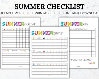 Printable summer daily checklist editable chore chart for kids summer rules screen time rules summer planner template kids summer routine