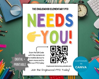 May include: A colorful poster with the text "THE ENGLEWOOD ELEMENTARY PTO NEEDS YOU!" in large, bold letters. A QR code is included with the text "Scan the QR Code with the camera on a mobile device to learn more and to join our PTO today." The poster also includes the text "Englewood elementary.edu/pta-join" and "Join the Englewood PTO Today!" The poster is surrounded by school supplies, including pencils, crayons, scissors, and a magnifying glass.