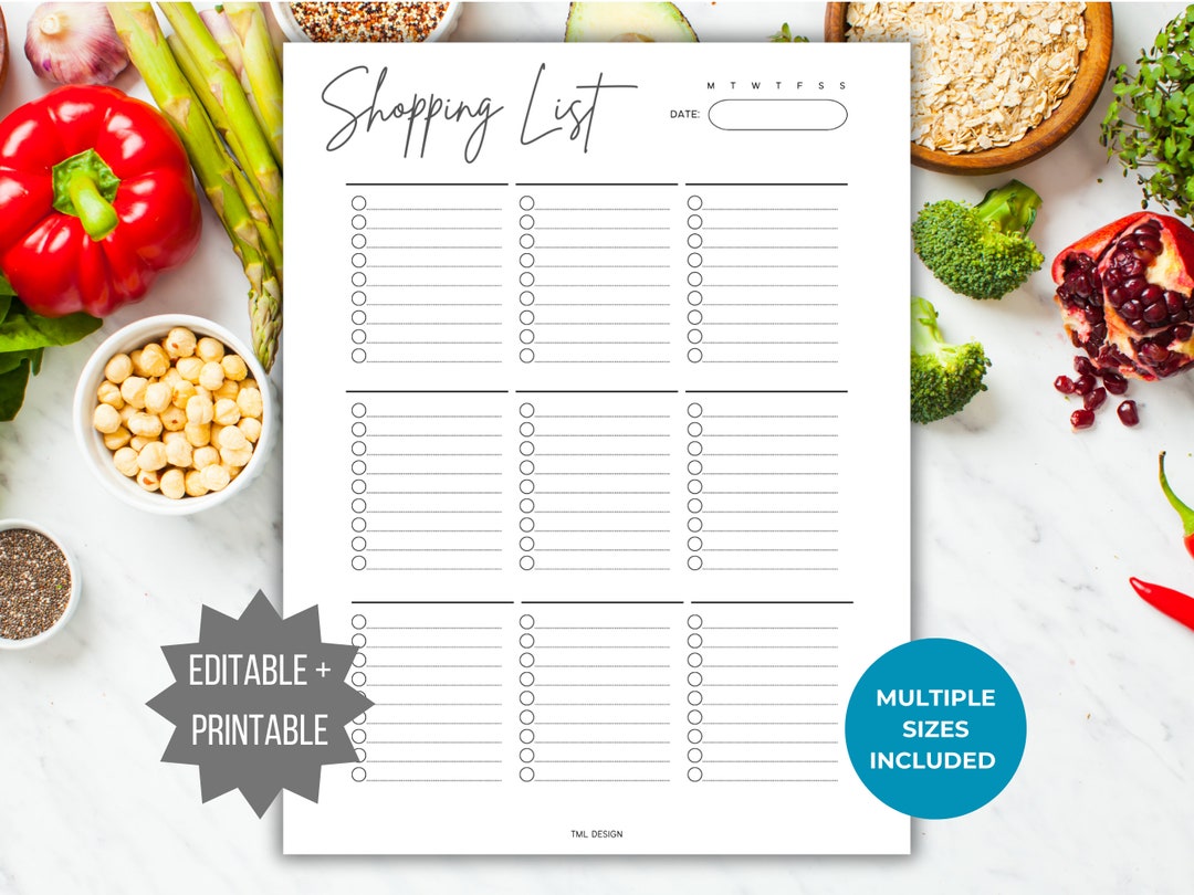 Editable Meal Prep Shopping List Printable Healthy Recipe Grocery List