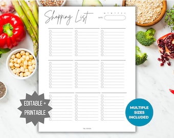 Lista de compras de preparación de comidas editable Lista de compras de recetas saludables imprimibles Organizador Planificador de comidas Lista de verificación imprimible semanal Lista de compras de alimentos