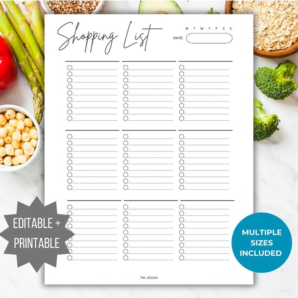 Editable Meal Prep Shopping List Printable Healthy Recipe grocery list organizer Meal Planner weekly Printable Checklist food shopping list