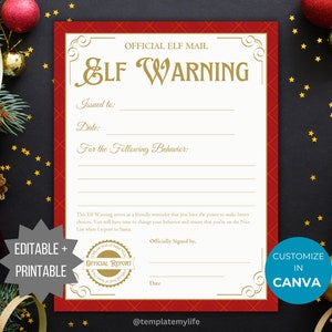 Carta de un elfo para imprimir Tradición navideña Carta de advertencia para elfos Correo del polo norte Plantilla de informe de comportamiento de elfos Correo de elfos Carta a Papá Noel Kit de elfos