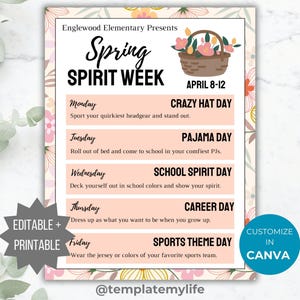 Puede incluir: Un folleto titulado Englewood Elementary Presents Spring Spirit Week April 8-12, con una cesta de flores marrón y un programa de temas diarios que incluye Crazy Hat Day, Pajama Day, School Spirit Day, Career Day y Sports Theme Day.