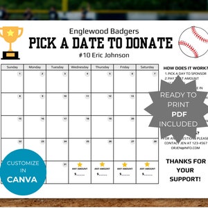 Baseball Wybierz datę, aby przekazać darowiznę Szablon Kalendarz zbiórki funduszy ligi baseballowej edytowalny Zapłać za datę Ulotka z informacją o dacie darowizny sponsora drużyny T-ball
