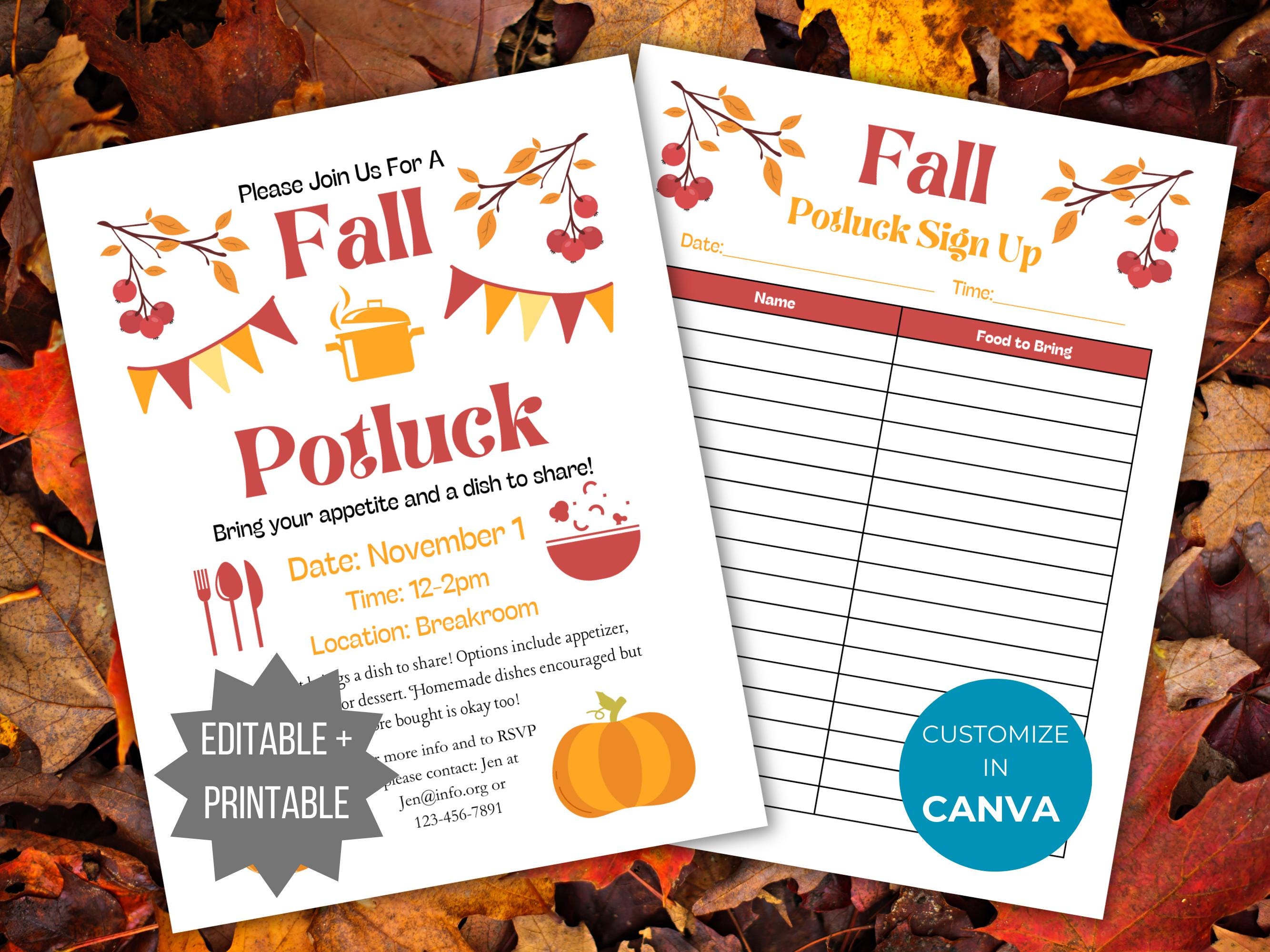 Fall Potluck Flyer and Sign up Sheet Template Dinner Party Flyer ...