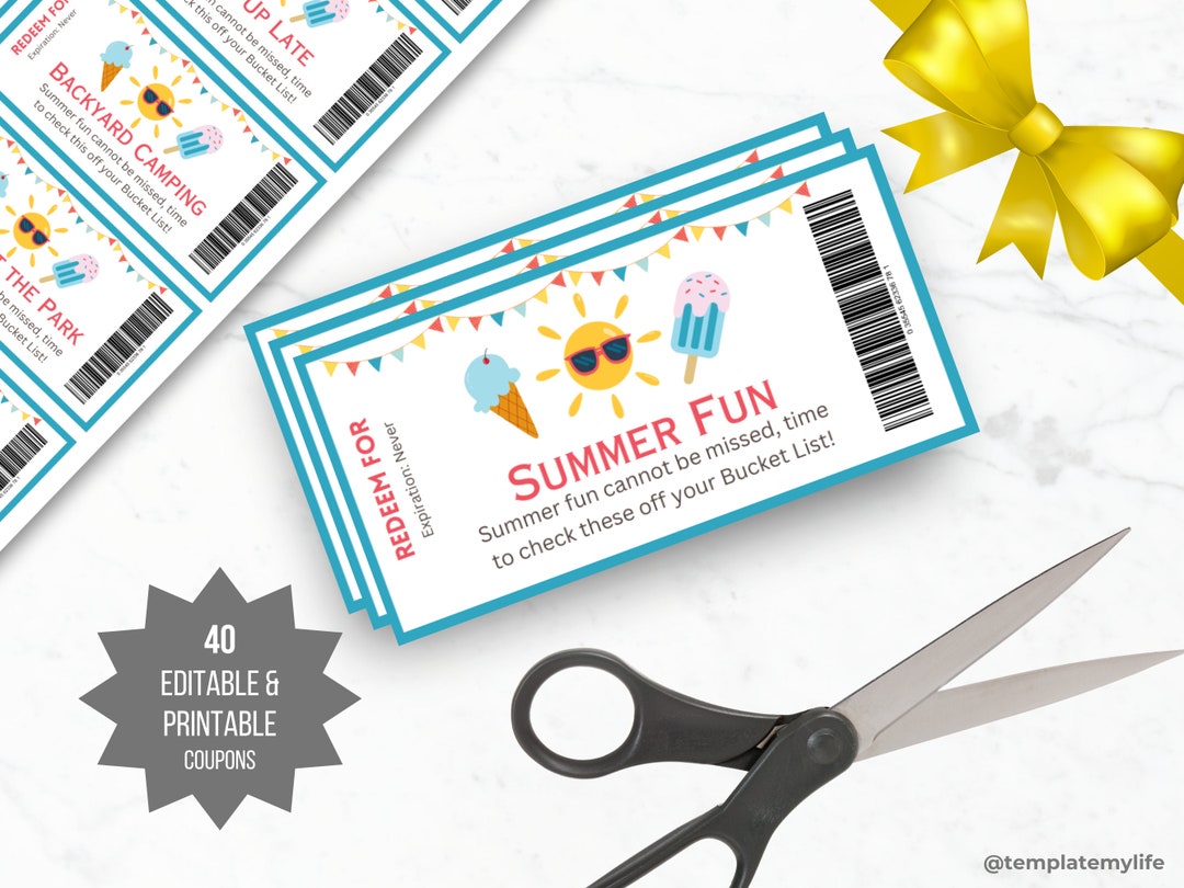 Summer Bucket List Kid Coupon Book Gift for Summer Birthday Coupon ...