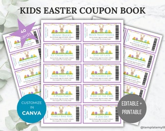 Easter Coupon Book for Kids Easter Bunny gift voucher printable Kid Coupon Book Easter Basket Gift ideas for kid last minute Coupon template