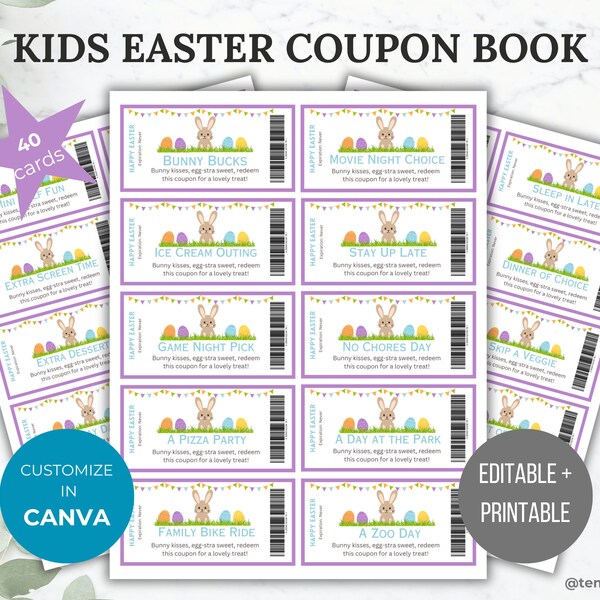 Easter Coupon Book for Kids Easter Bunny gift voucher printable Kid Coupon Book Easter Basket Gift ideas for kid last minute Coupon template