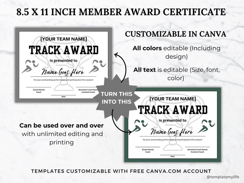 Editable Track Award Certificate Template Team Player Participation
