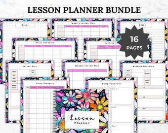 May include: A lesson planner bundle featuring 16 pages with a colorful floral pattern on a black background. The pages include templates for notes, class schedules, weekly lesson plans, daily schedules, and a monthly overview with the text Lesson Planner.