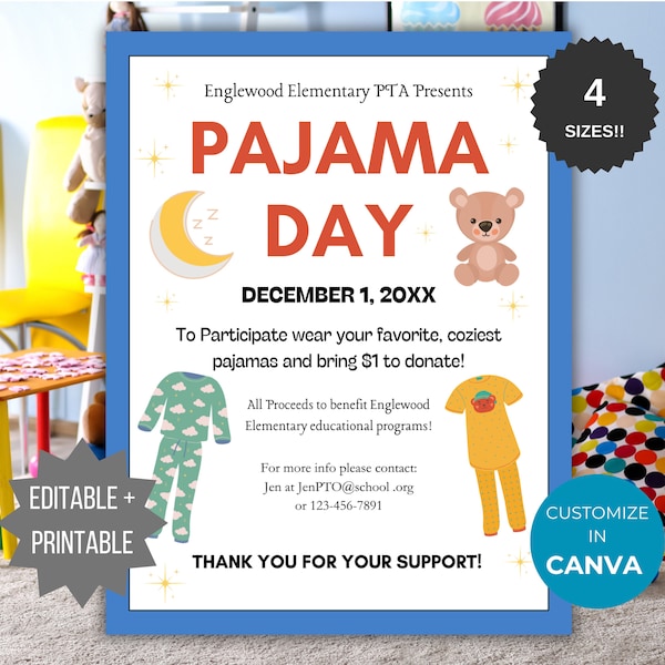 Pajama Day School Spirit Flyer PTO Template Pajama Day Fundraiser invite Editable School event Fundraising PTA Flyer Business Donation Flyer