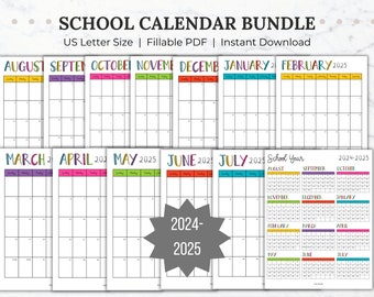 School Year Calendar Printable 2024-2025 Bundle Portrait Monthly Calendar Year at a Glance Academic Calendar Editable Yearly School Calendar