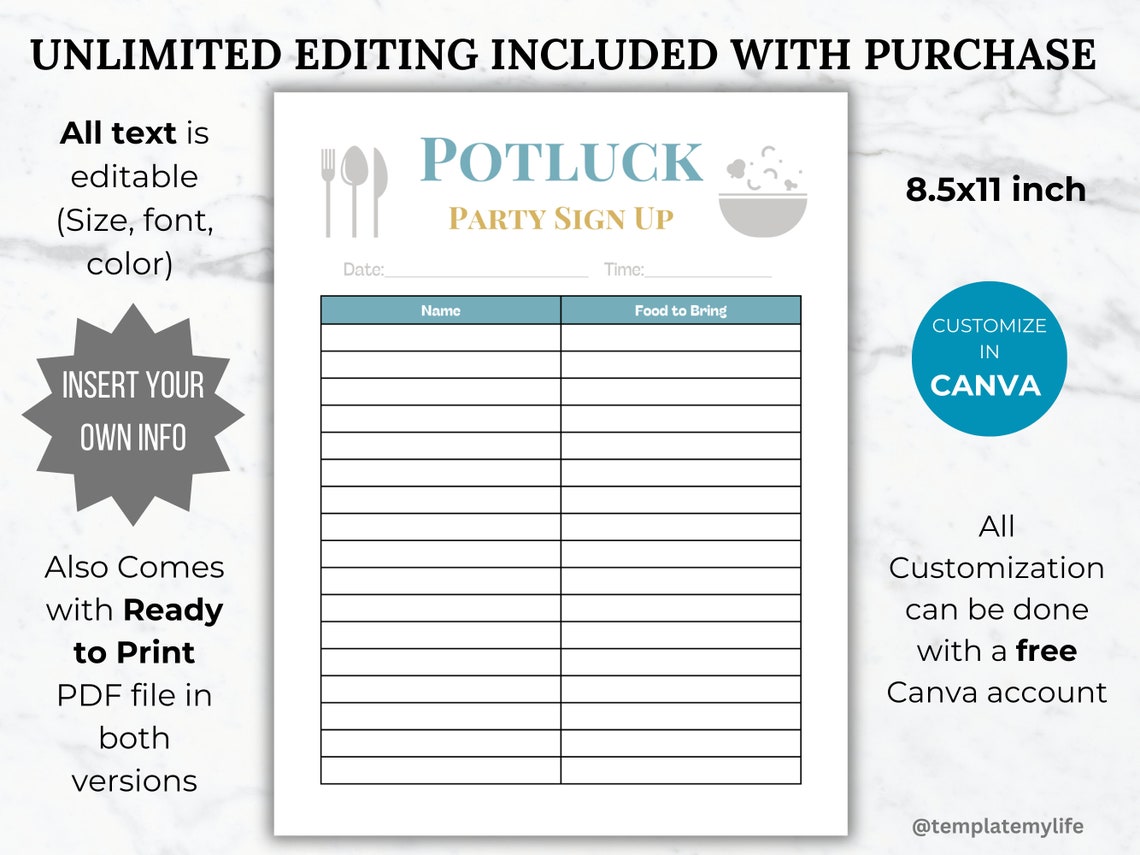 Potluck Sign up Sheet Flyer Template Editable Potluck Sign-up Form ...