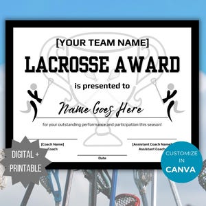 Modèle de certificat de récompense de crosse modifiable Modèle de cadeau de participation de joueur d'équipe, cadeau de remerciement pour entraîneur de reconnaissance d'équipe sportive imprimable