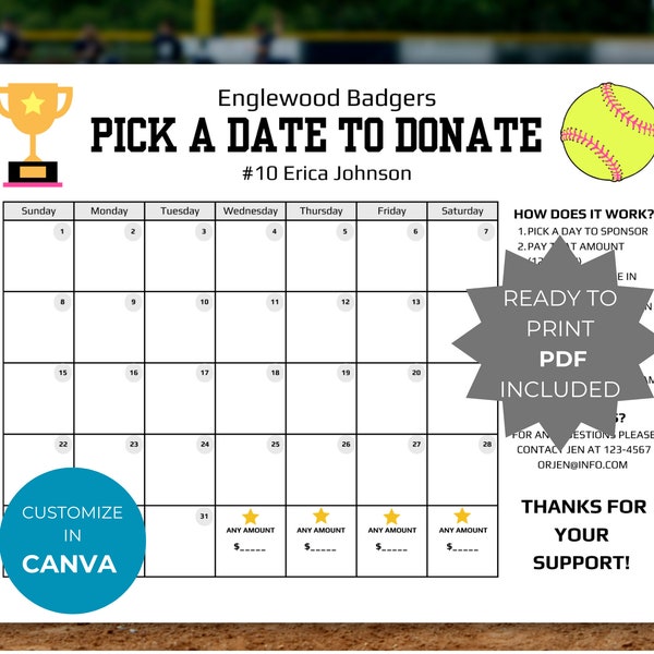 Softball Pick a Date to Donate Template Softball league fundraiser calendar editable pay the date flyer softball team sponsor donation flyer