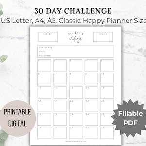 30 Day Challenge Tracker Printable monthly challenge planner daily challenge savings challenge wellness challenge Letter A4 A5 Happy Planner