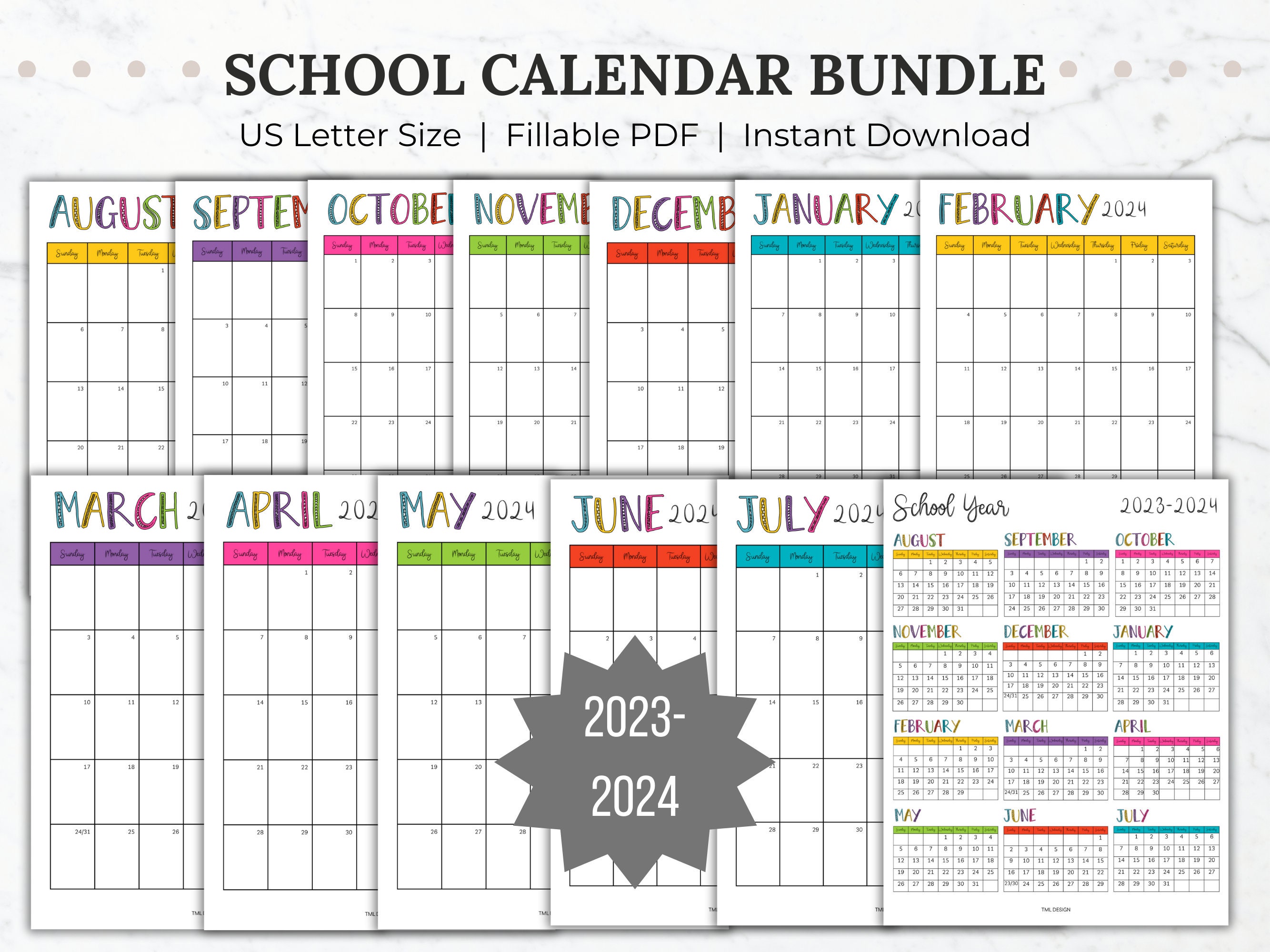 School Year Calendar Printable 20232024 Bundle Portrait Etsy Canada