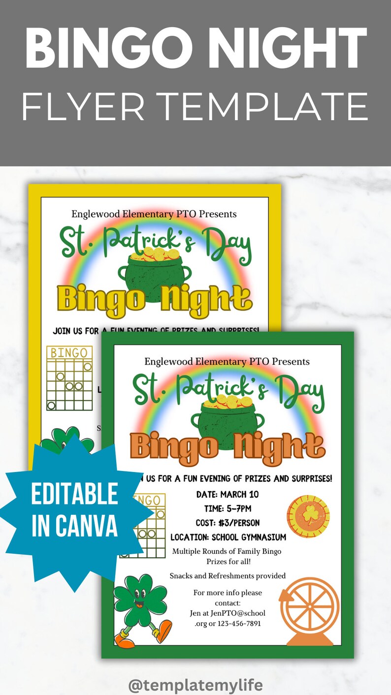St Patrick Bingo Night flyer PTO template school fundraiser flyer event invitation library Game night PTA flyer spring community event flyer