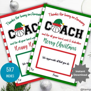 Entrenador de baloncesto titular de la tarjeta de regalo entrenador imprimible plantilla de regalo de Navidad Entrenador de regalo de baloncesto gracias Regalo de vacaciones deportes tarjeta de Navidad