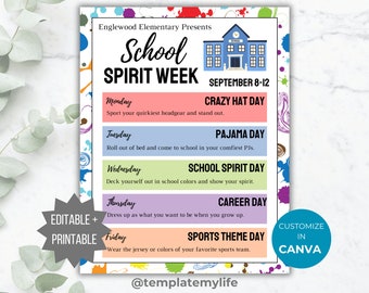 Folleto de la semana del espíritu escolar Plantilla de PTO Folleto del espíritu de regreso a la escuela Itinerario editable de la semana del espíritu del PTO Folleto de la PTA Calendario de eventos del espíritu arcoíris