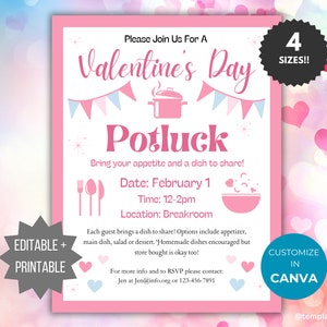 Op de afbeelding: Een roze en blauwe Valentijnsdag potluck uitnodiging met een hartjesachtergrond. De uitnodiging bevat de datum, tijd, locatie en instructies om een gerecht mee te nemen om te delen. Het bevat ook contactgegevens voor RSVP. De tekst "Editable + Printable" en "Customize in Canva" is ook inbegrepen.