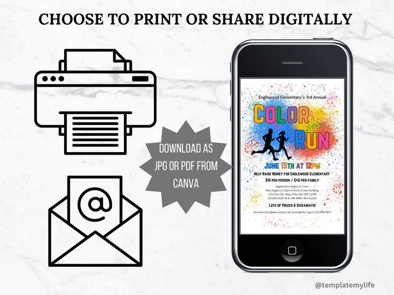 Color Run Flyer Invite Printable Poster Business Fundraiser Flyer ...