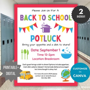 Könnte beinhalten: Ein druckbarer digitaler Flyer für ein Back-to-School-Potluck. Der Flyer ist rot mit einem bunten Schulbus, einem Globus und einem Topf, aus dem Dampf aufsteigt. Der Text auf dem Flyer lautet "Please Join Us For A Back To School Potluck" und enthält das Datum, die Uhrzeit und den Ort der Veranstaltung. Der Flyer sagt auch "Bring your appetite and a dish to share!" und "Customize in Canva".