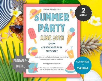 Summer Party Invitation Template Summer Bash invite Editable Church event invitations community sign printable Summer party Flyer PTO PTA