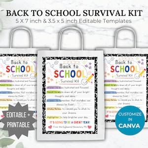 Back to School Survival Kit Editable Template Teacher back to school gift printable pta teacher appreciation gift idea pto student gift tag