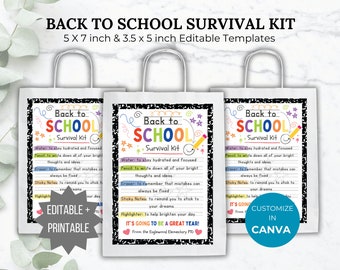 Back to School Survival Kit Editable Template Teacher back to school gift printable pta teacher appreciation gift idea pto student gift tag