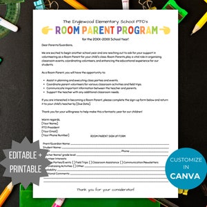 Modelo de folheto para pais da sala PTA Formulário de inscrição dos pais da sala PTO editável carta de recrutamento voluntário da mãe da sala pta Inscrição dos pais da classe escolar