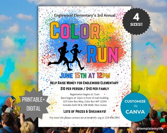 Color Run flyer invite printable poster business fundraiser flyer community event flyer charity event church flyer template 5k 10K marathon