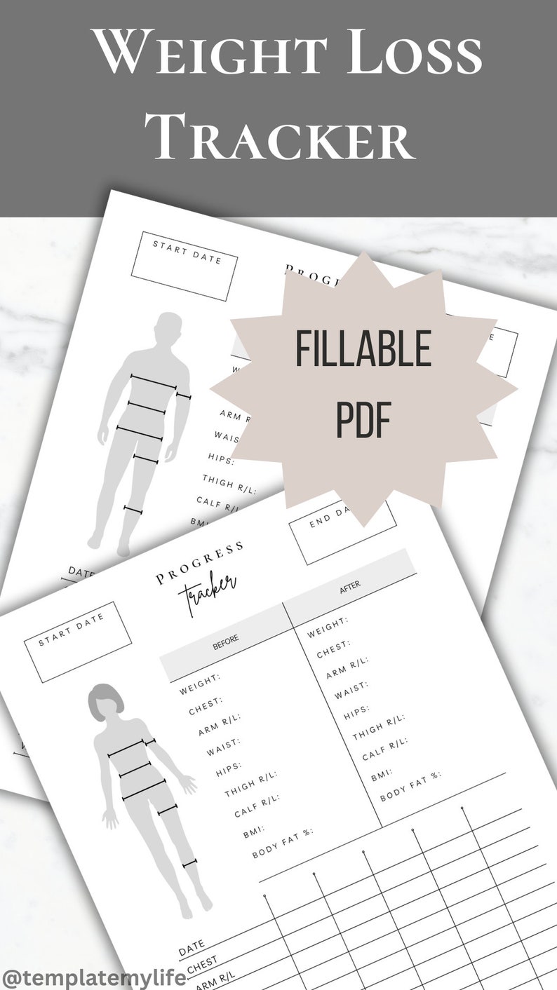 Body Measurement Weight Loss Tracker Printable Fillable Progress ...