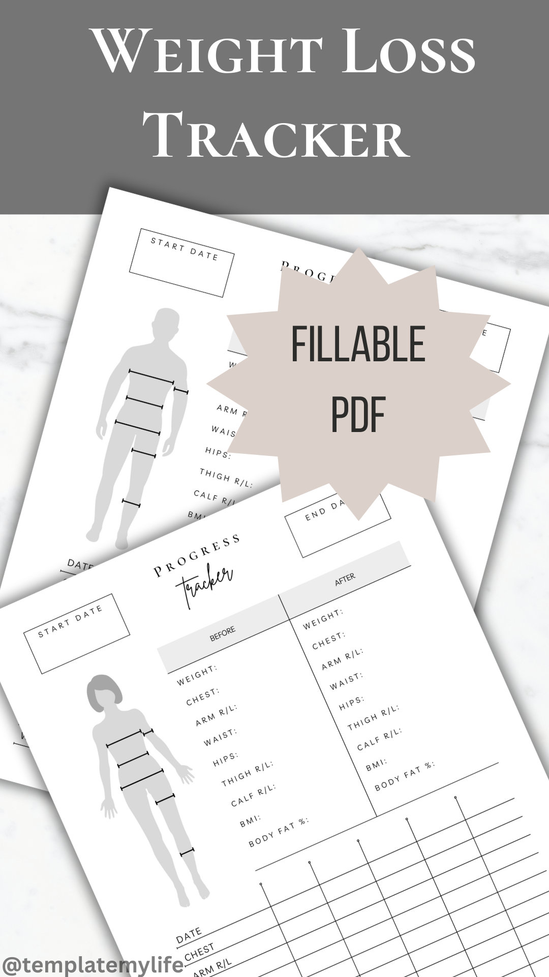 Body Measurement Weight Loss Tracker Printable Fillable Progress ...