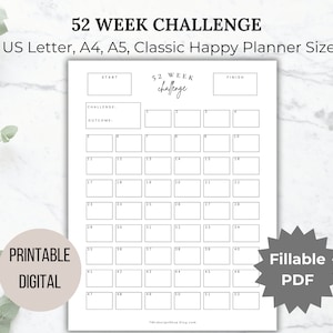 Yearly Challenge Tracker printable fitness challenge binder 52 week saving challenge editable wellness challenge Letter A4 A5 Happy Planner