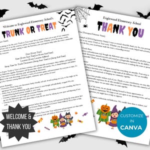 Volante de Trunk or Treat Plantilla de carta de bienvenida Carta de agradecimiento para voluntarios Paquete de planificación de fiesta de Halloween de PTO PTA Invitación de trick or treat para la escuela