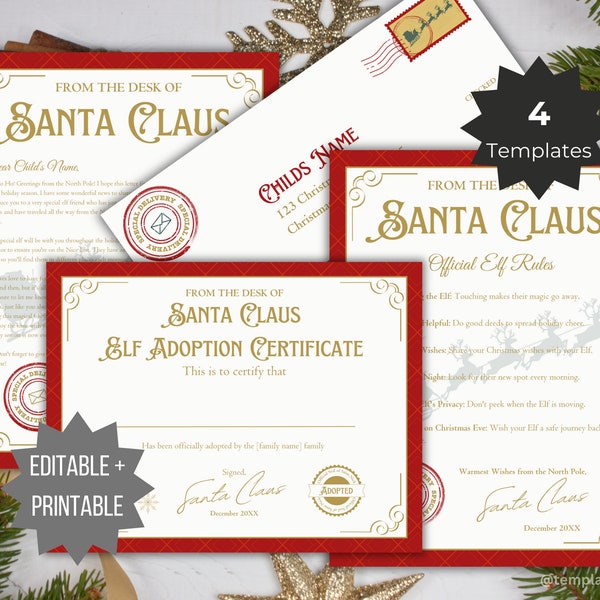 Elf Arrival Letter from Santa editable Elf Adoption certificate template Elf Letter kit north pole mail elf welcome Christmas tradition kids