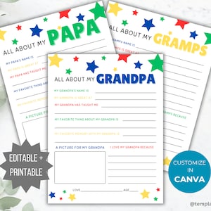 Idée cadeau imprimable Tout sur mon grand-père pour la fête des pères Cadeau de remerciement d'un enfant Cadeau d'anniversaire Tout sur Grand-père Modèle de questionnaire pour enfant