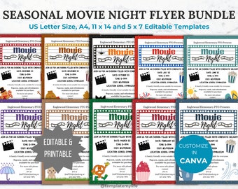 Seasonal Movie Night PTA flyer template PTO school fundraiser flyer event invitation library Movie night flyer community event invite bundle