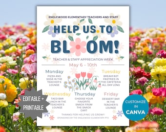 Floral Teacher and Staff Appreciation Week Template PTO Help Us Bloom School Event Teacher Appreciation Flyer PTA Help Us Grow Garden Theme