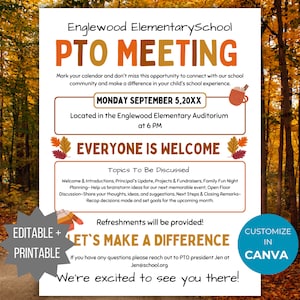 Fall PTA Meeting Flyer Printable PTO Fall Meeting Flyer editable template pta Autumn Meeting flyer pta sign September meeting flyer pto sign