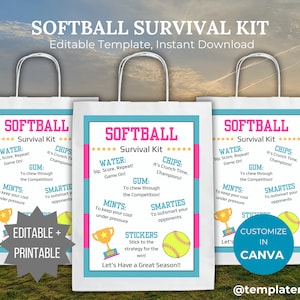 Softball Player Survival Kit Editable Template Softball team gift printable Softball party favor gift idea Softball birthday favor bag gift