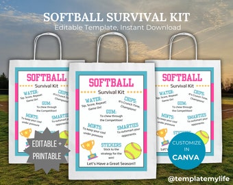 Softbal speler Survival Kit bewerkbare sjabloon Softbalteam cadeau afdrukbare Softbal partij gunst cadeau idee Softbal verjaardag gunst tas cadeau