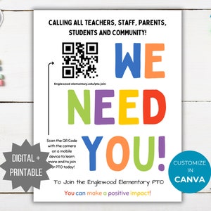 Junte-se ao PTA Recruitment QR Code Flyer Junte-se ao PTO modelo editável escola pta recrutamento de voluntários imprimível folheto de adesão pto modelo pta