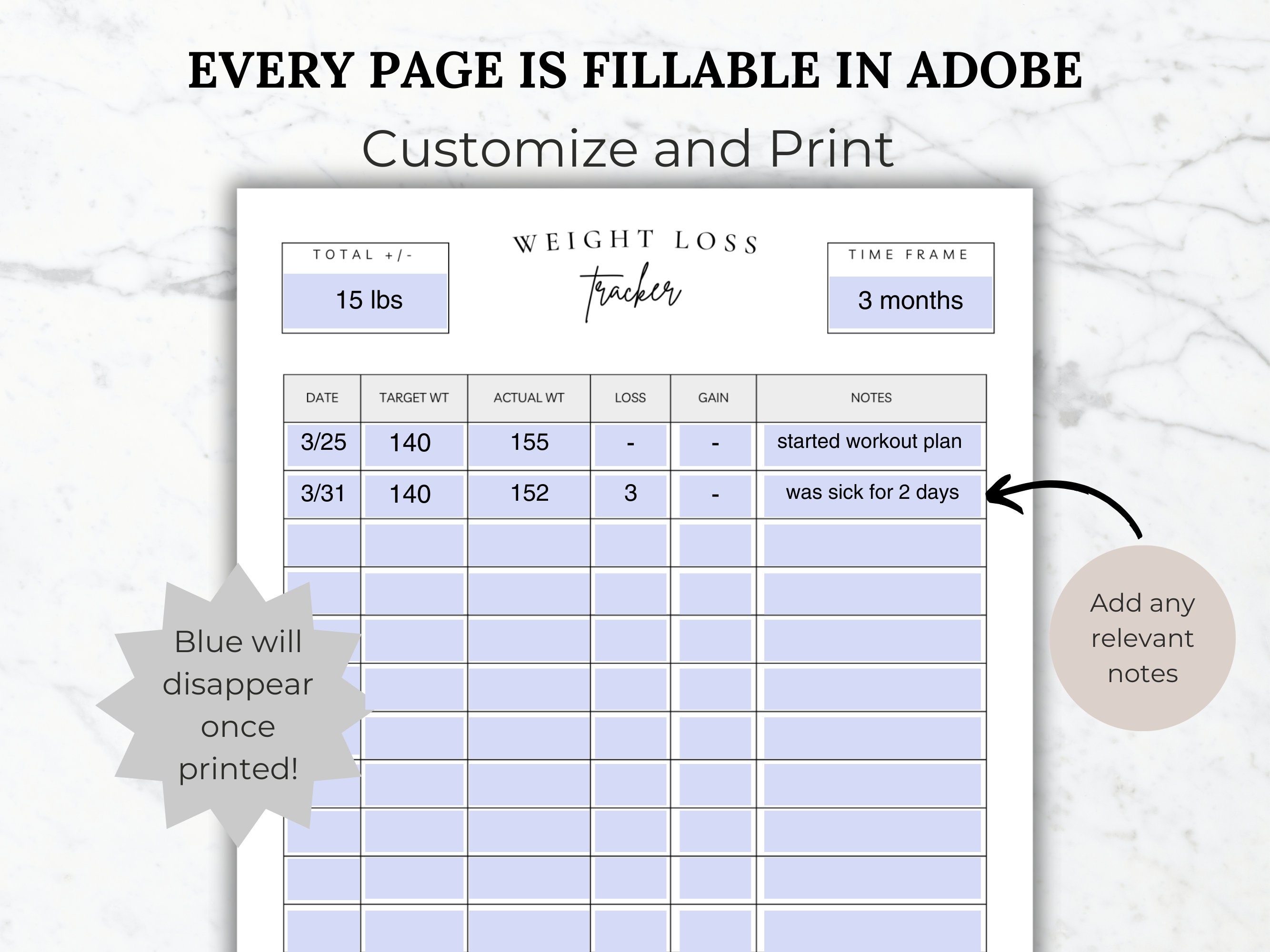 Weight Loss Tracker Body Measurement Chart Fitness Planner Printable ...